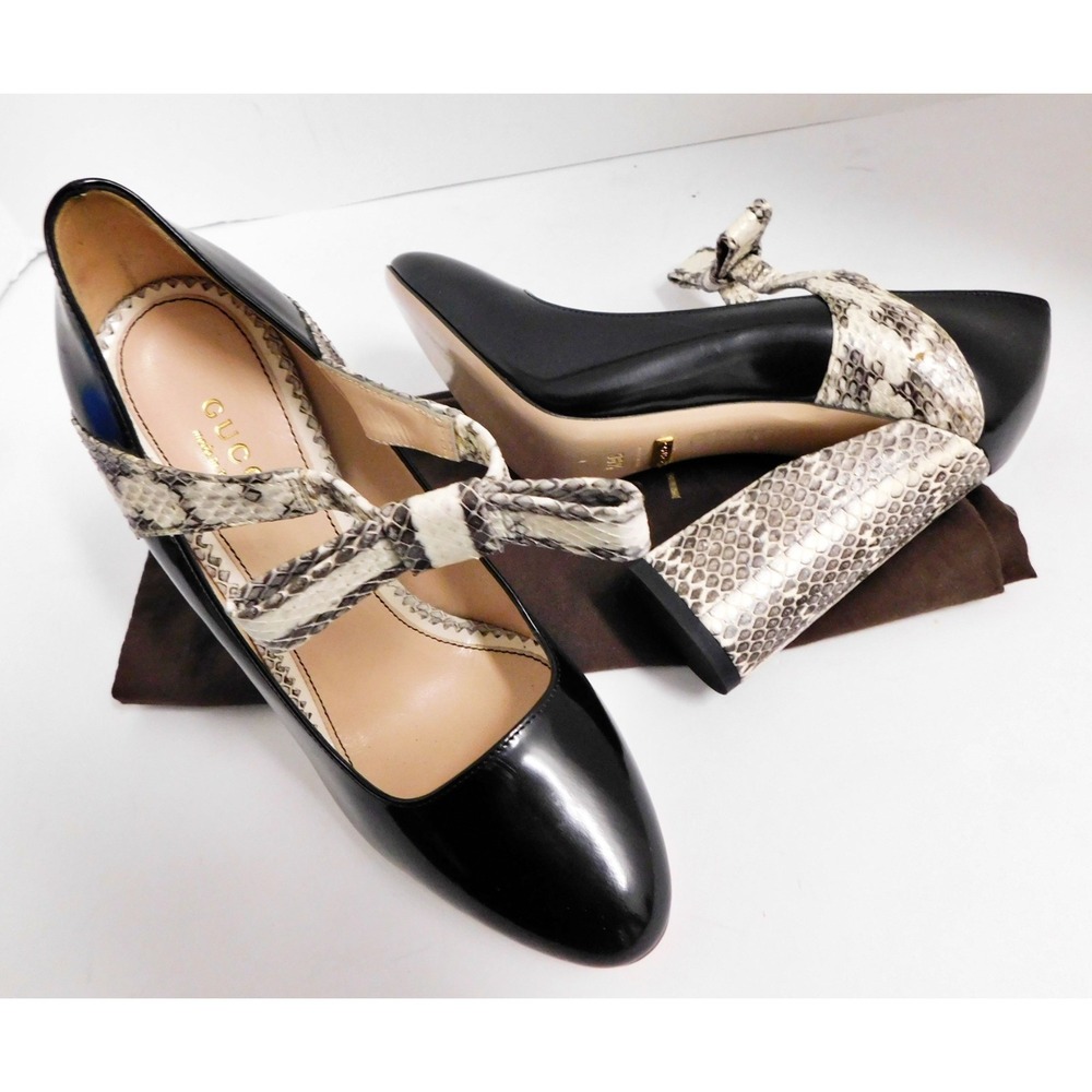 GUCCI Nimue Snakeskin Bow Polished Leather Pumps Size 36.5 (6.5 US) $1000rt - Picture 3 of 8